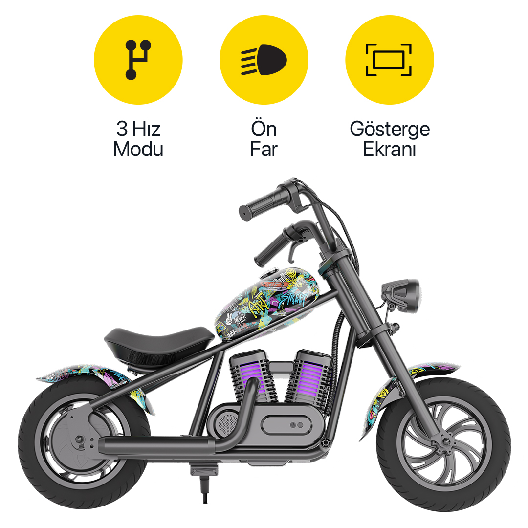 Renkli etiketlere ve üzerinde üç sarı simgeye sahip siyah-gri elektrikli çocuk motosikleti.