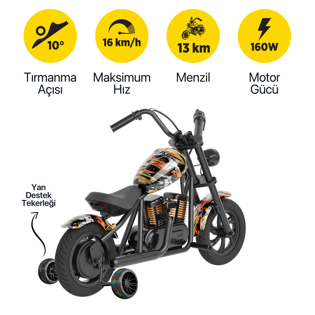 Üzerinde teknik simgeler olan, yan destek tekerlekli siyah ve turuncu çocuk elektrikli motosikleti.