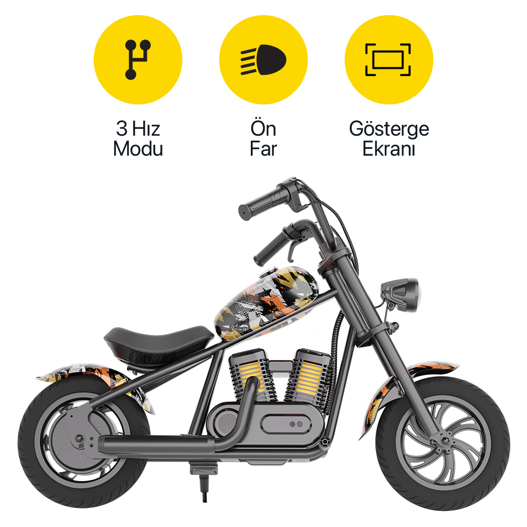 Sarı grafiklere sahip küçük siyah çocuk elektrikli motosikleti ve üzerinde üç özellik simgesi.