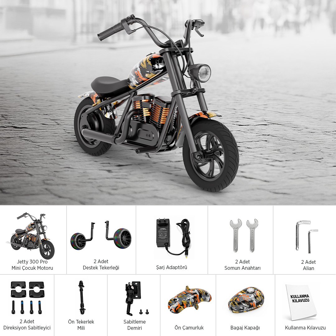Siyah ve turuncu çocuk elektrikli motosikleti ve aksesuarları.