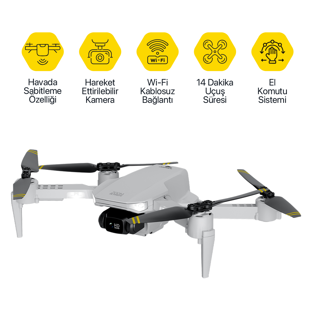 Beyaz arkaplanda, üzerinde beş sarı özellik simgesi olan HD kameralı beyaz bir drone.