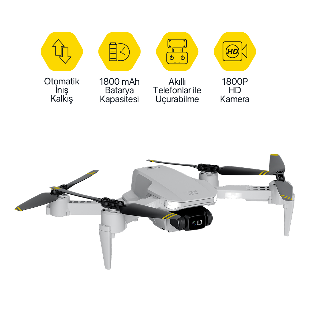 Beyaz arka planda dört siyah pervaneli beyaz bir drone, üstünde dört sarı simge ve yazı var.