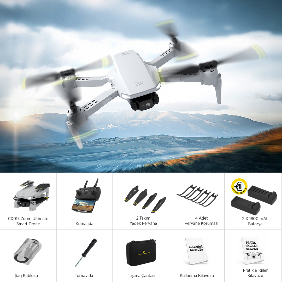 Dağların üzerinde uçan beyaz bir drone ve altında kumanda, pil ve aksesuarlar gibi ürün parçaları yer alıyor.
