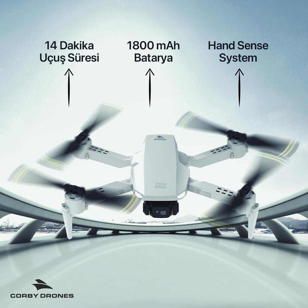 Uçuş süresi, batarya ve el algılama sistemi yazılarıyla uçan beyaz dron.