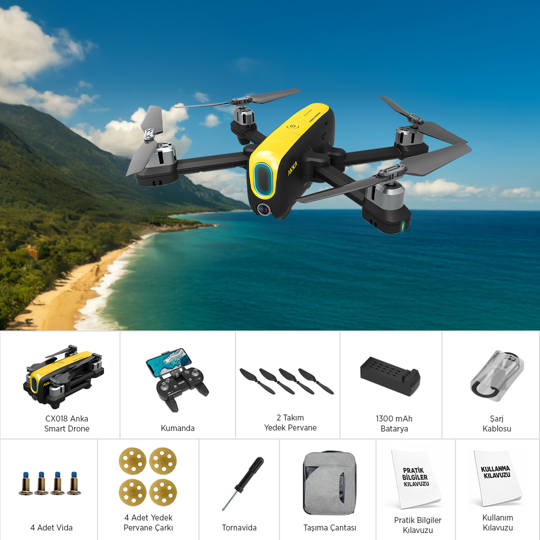 Kıyı üzerinde uçan sarı-siyah drone; altta kumanda ve yedek parçalar gibi aksesuarlar.