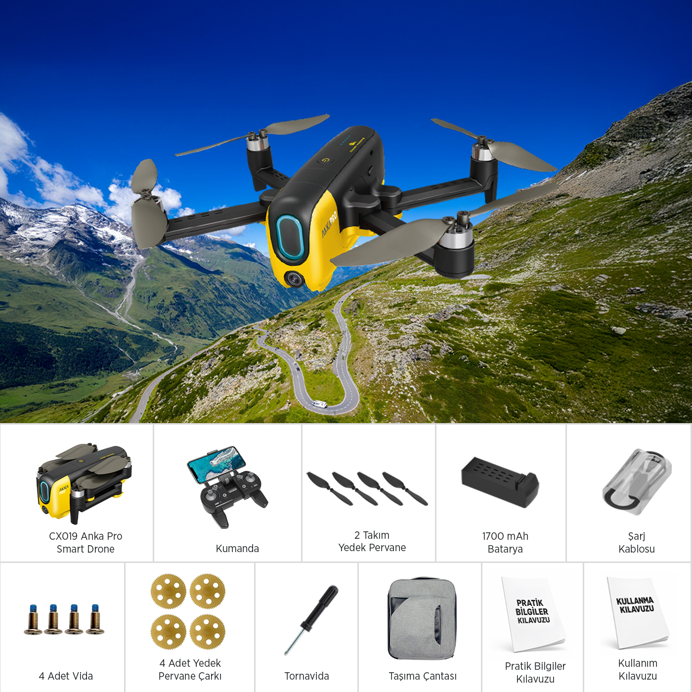 Dağ manzarasının üzerinde uçan sarı ve siyah drone ve altında aksesuarlar.