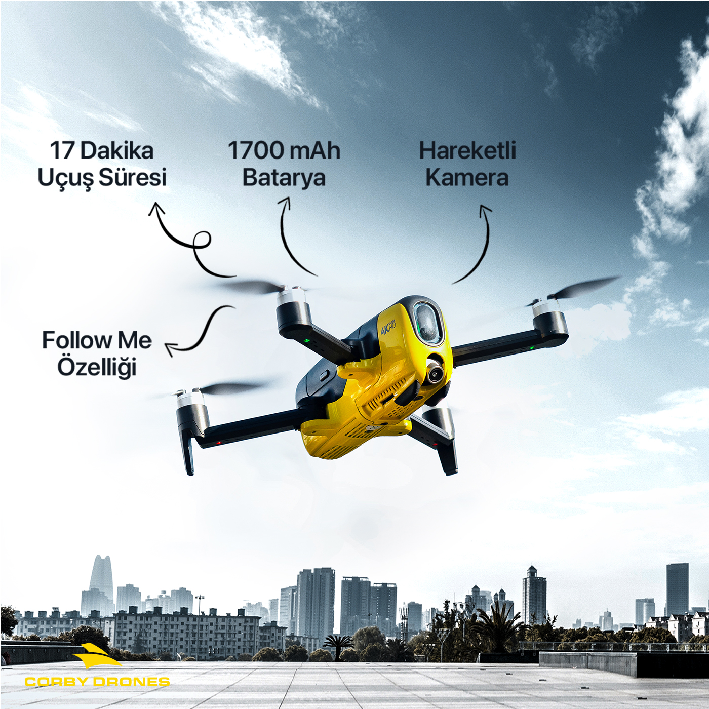 Metinler ve oklarla şehir üzerinde uçan sarı-siyah drone.