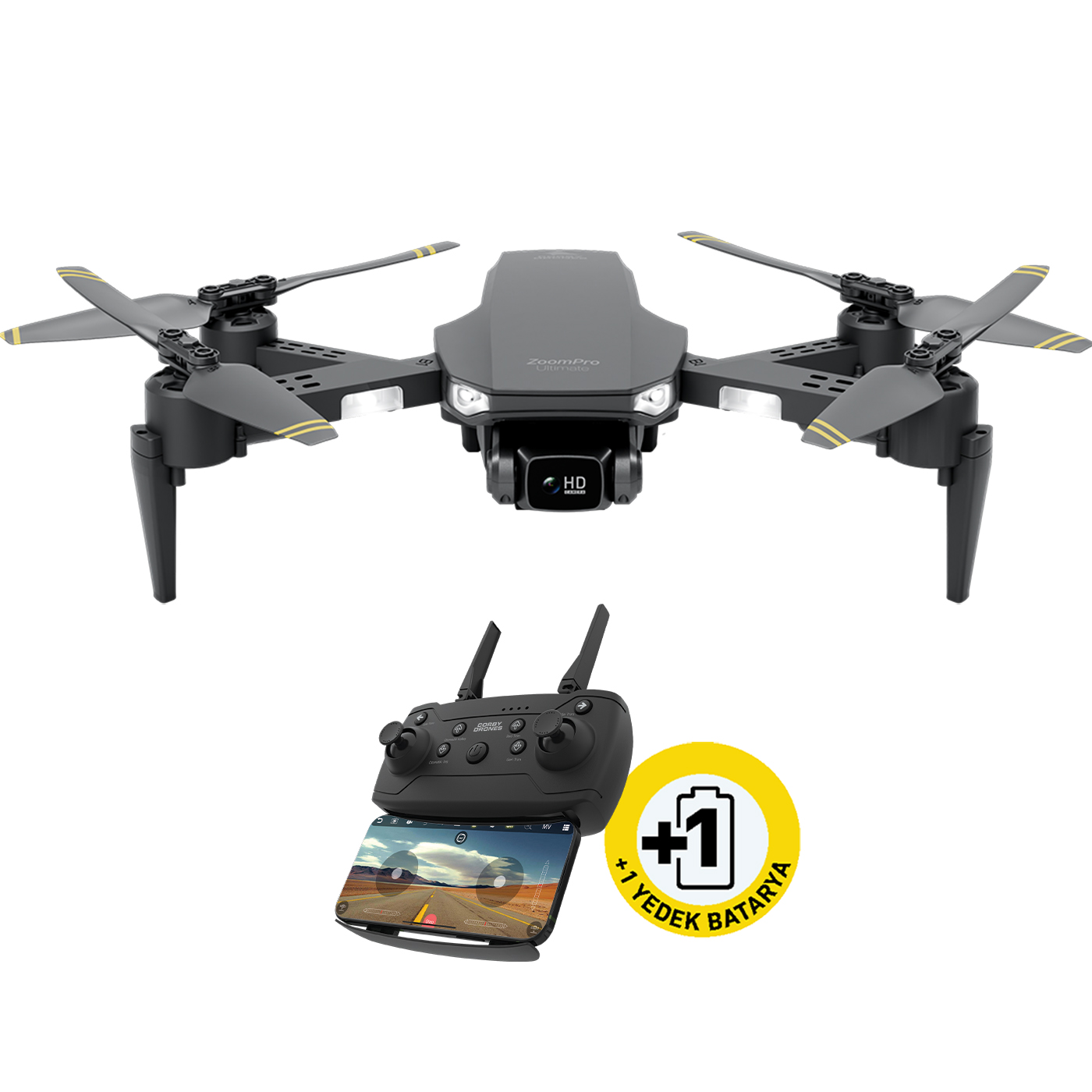 Beyaz arka planda kumanda, akıllı telefon tutucu ve ek pil simgesine sahip siyah drone.