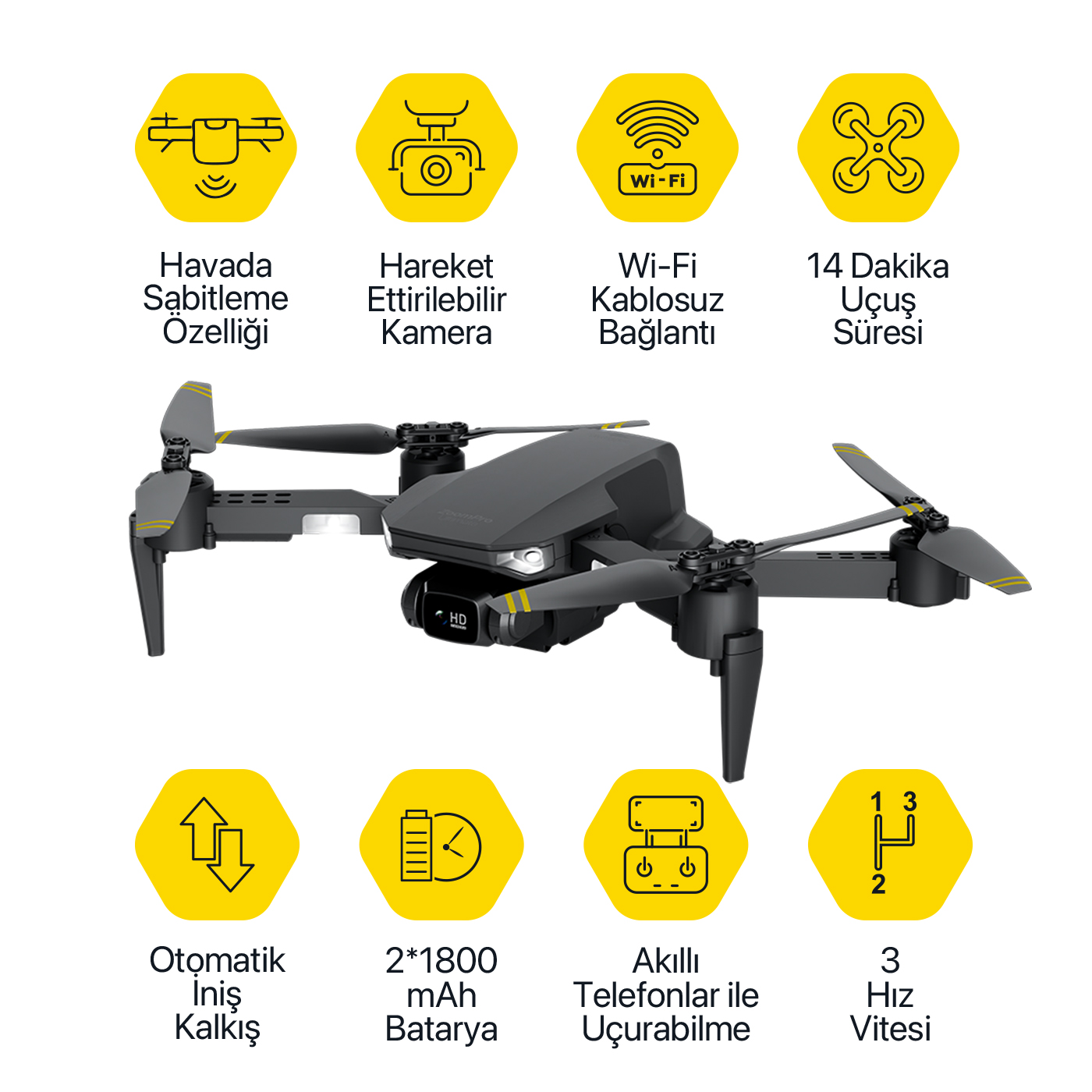 Sarı detaylara sahip siyah bir drone, etrafında kamera ve batarya gibi sekiz adet sarı özellik simgesiyle.