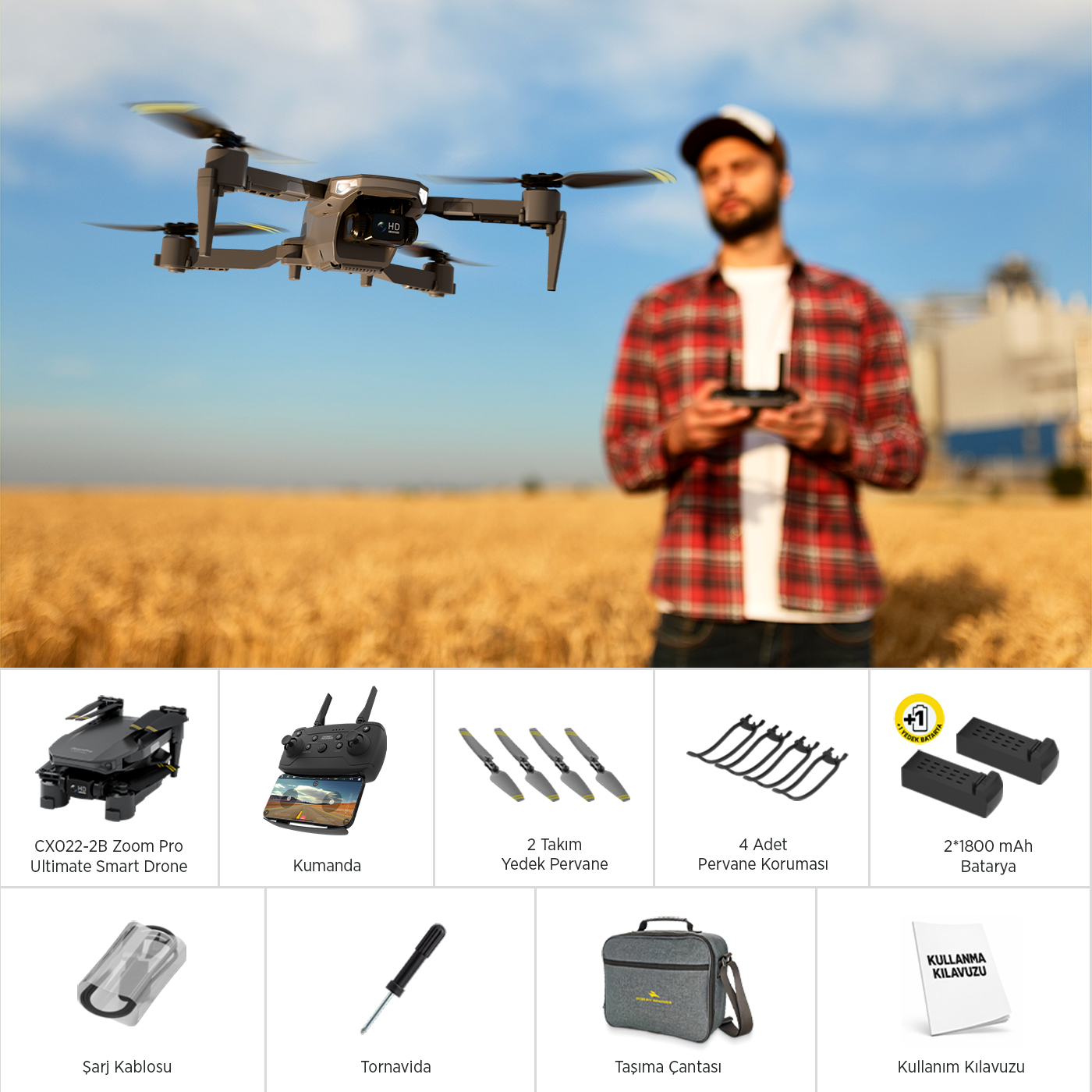 Kareli gömlekli bir adam tarlada gri bir drone uçuruyor. Aksesuarlar aşağıda gösterilmiştir.