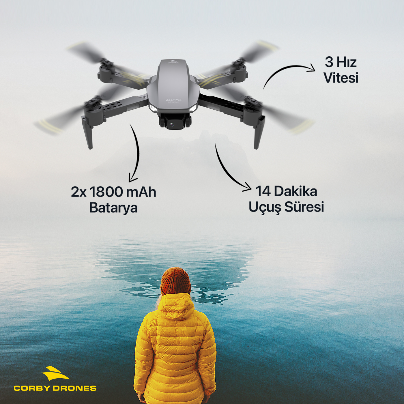 Sarı montlu bir kişi su üstünde uçan drone'a bakıyor; pil, uçuş süresi ve hız bilgileri yer alıyor.