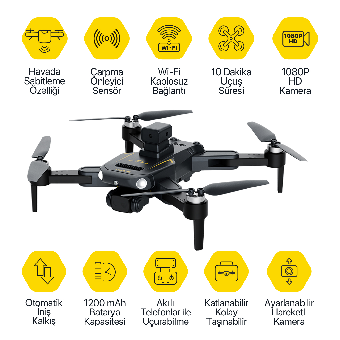 Etrafında sarı altıgenler içinde 10 özellik simgesi olan siyah bir drone.