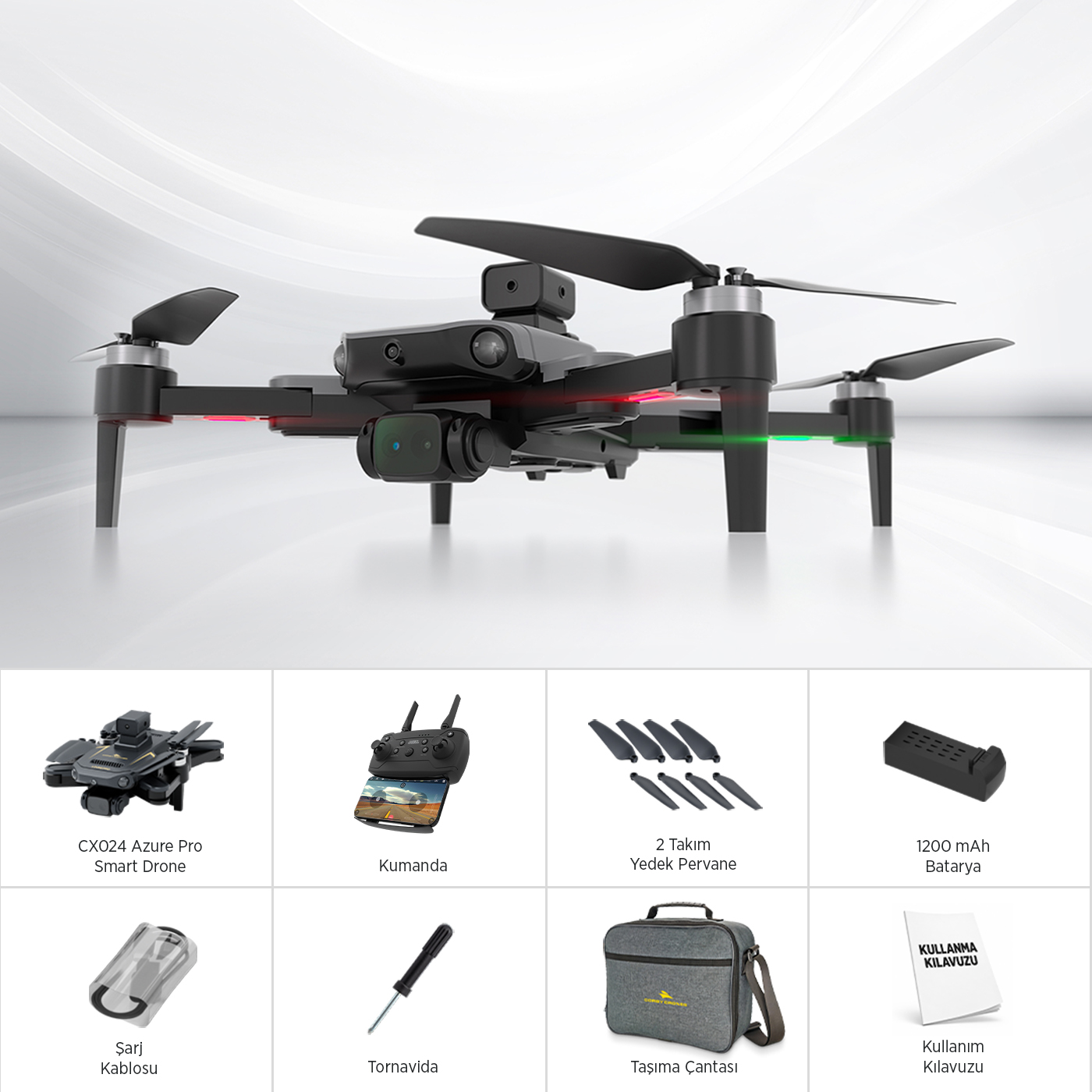 Kumanda, batarya ve çanta gibi aksesuarları olan siyah akıllı drone.