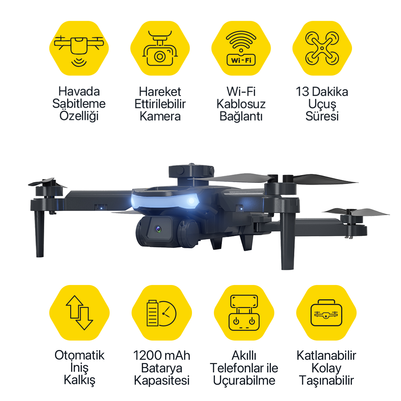 Kameralı siyah bir drone, etrafında sekiz adet sarı özellik simgesiyle birlikte.