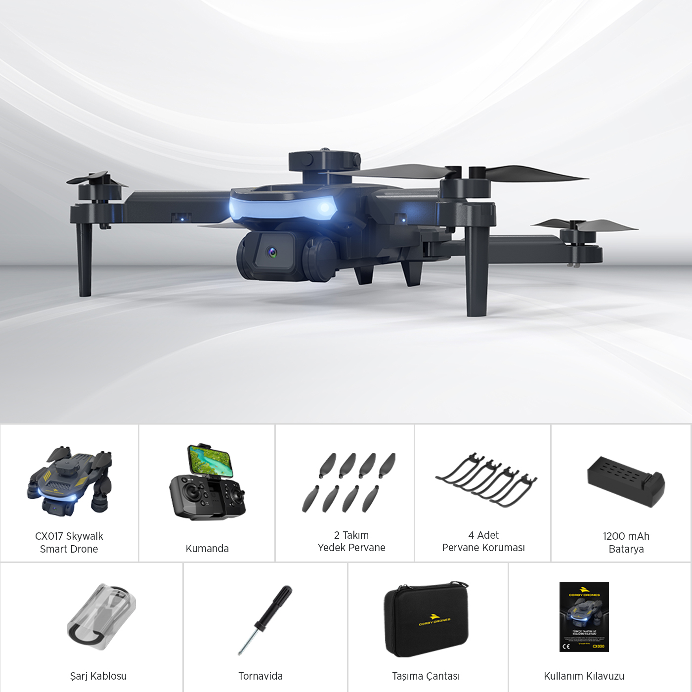 Beyaz arkaplanda ışıklı siyah bir drone ve altında aksesuarları.