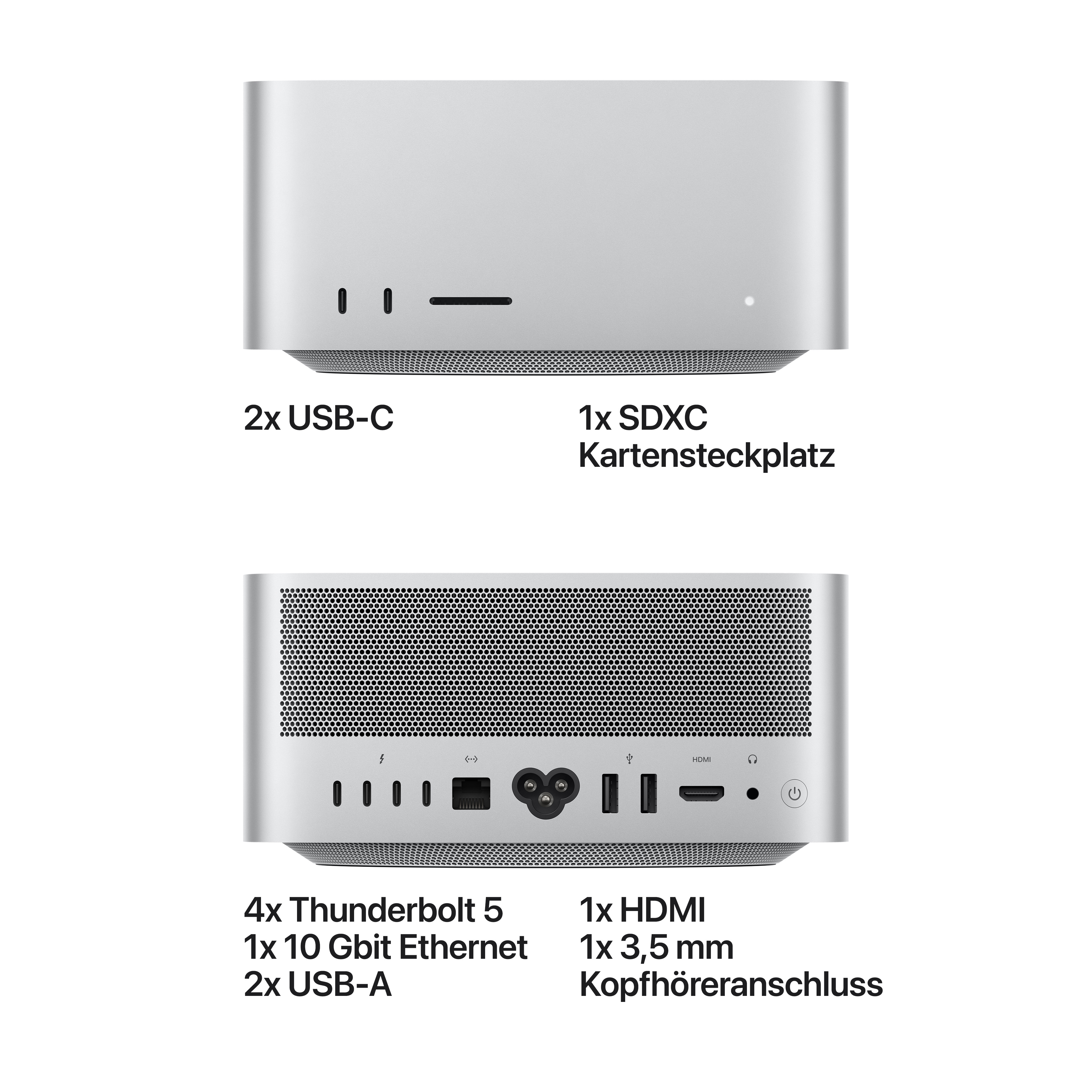 Vorder- und Rückseite eines silbernen Computers mit verschiedenen Anschlüssen und Beschriftungen.