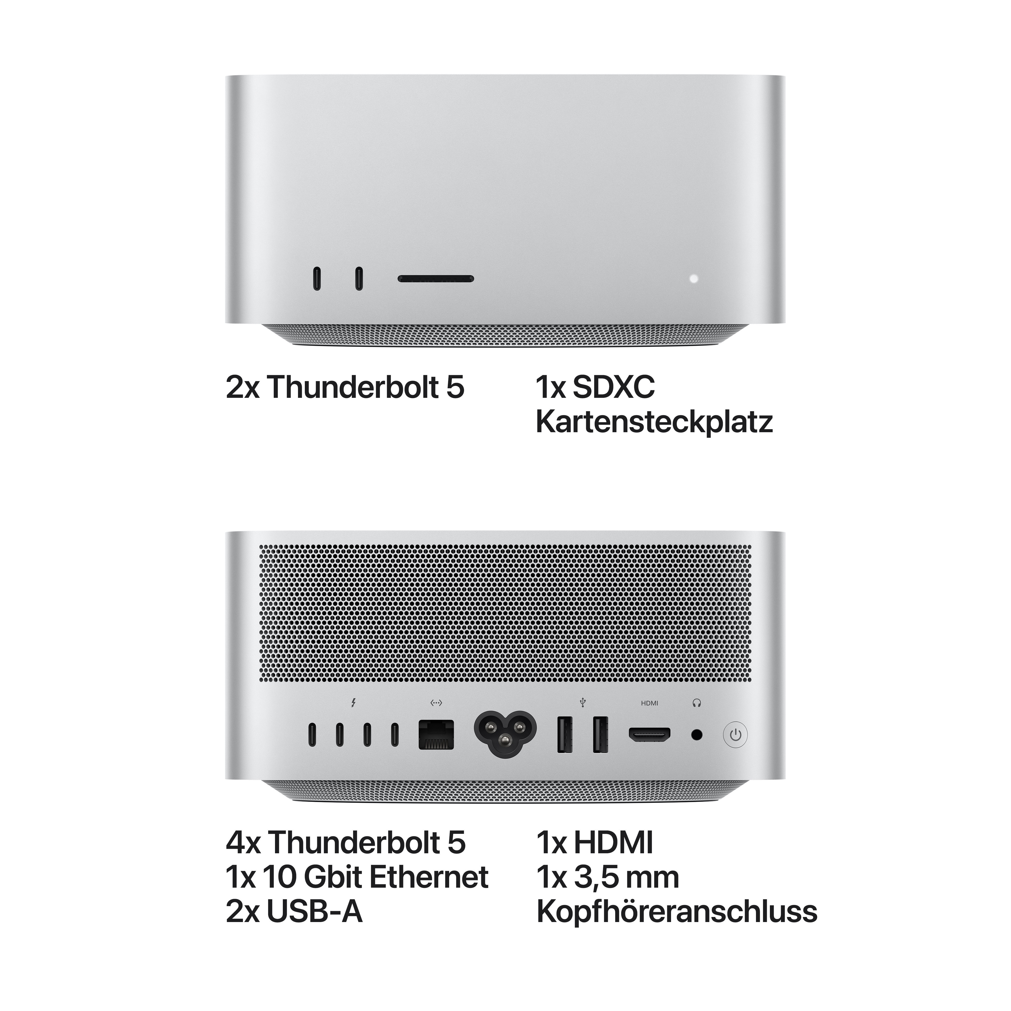 Vorder- und Rückseite eines silbernen Computergehäuses mit verschiedenen Anschlüssen und deutscher Beschriftung.