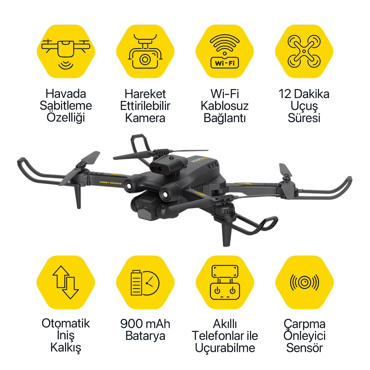 Koruma çemberli siyah drone ve Türkçe metin etiketli sekiz sarı özellik simgesi.