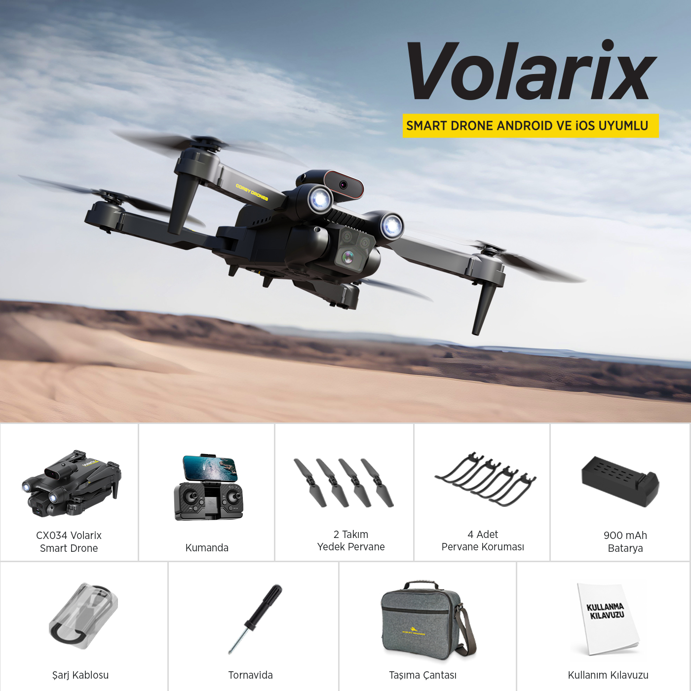 Havada uçan Volarix akıllı drone ve altında gösterilen aksesuarlar.