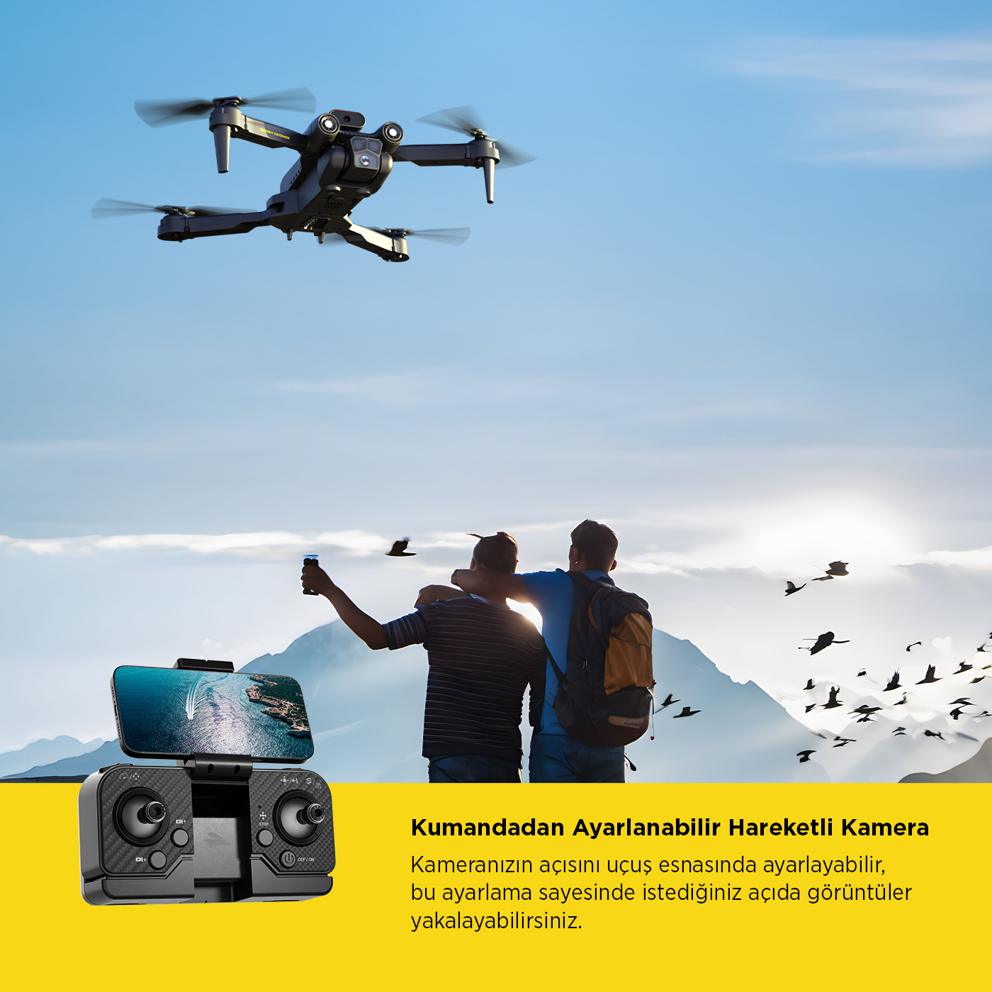 Mavi gökyüzünde uçan bir drone ve uzaktan kumandayla izleyen iki kişi.