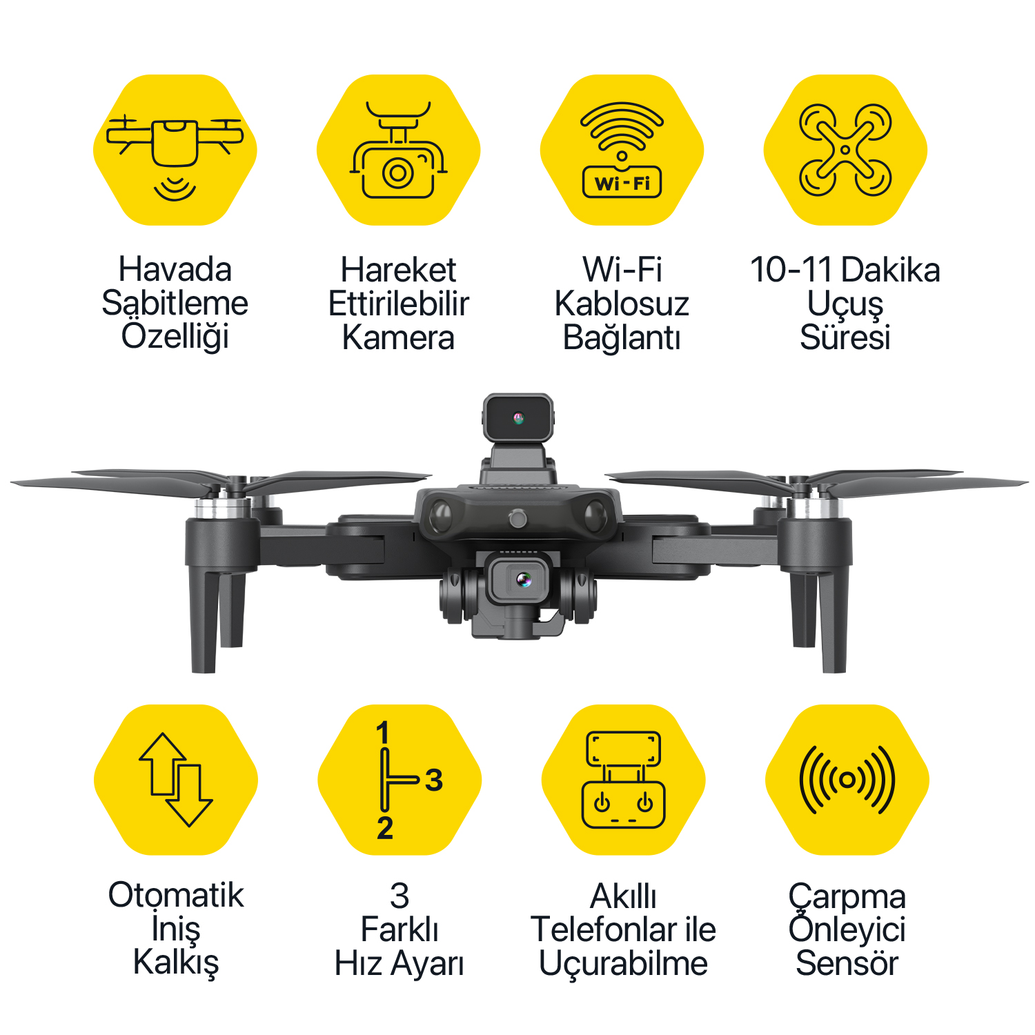 Kameraya sahip siyah bir drone, özelliklerini açıklayan sarı simgeler ve yazılarla çevrilidir.