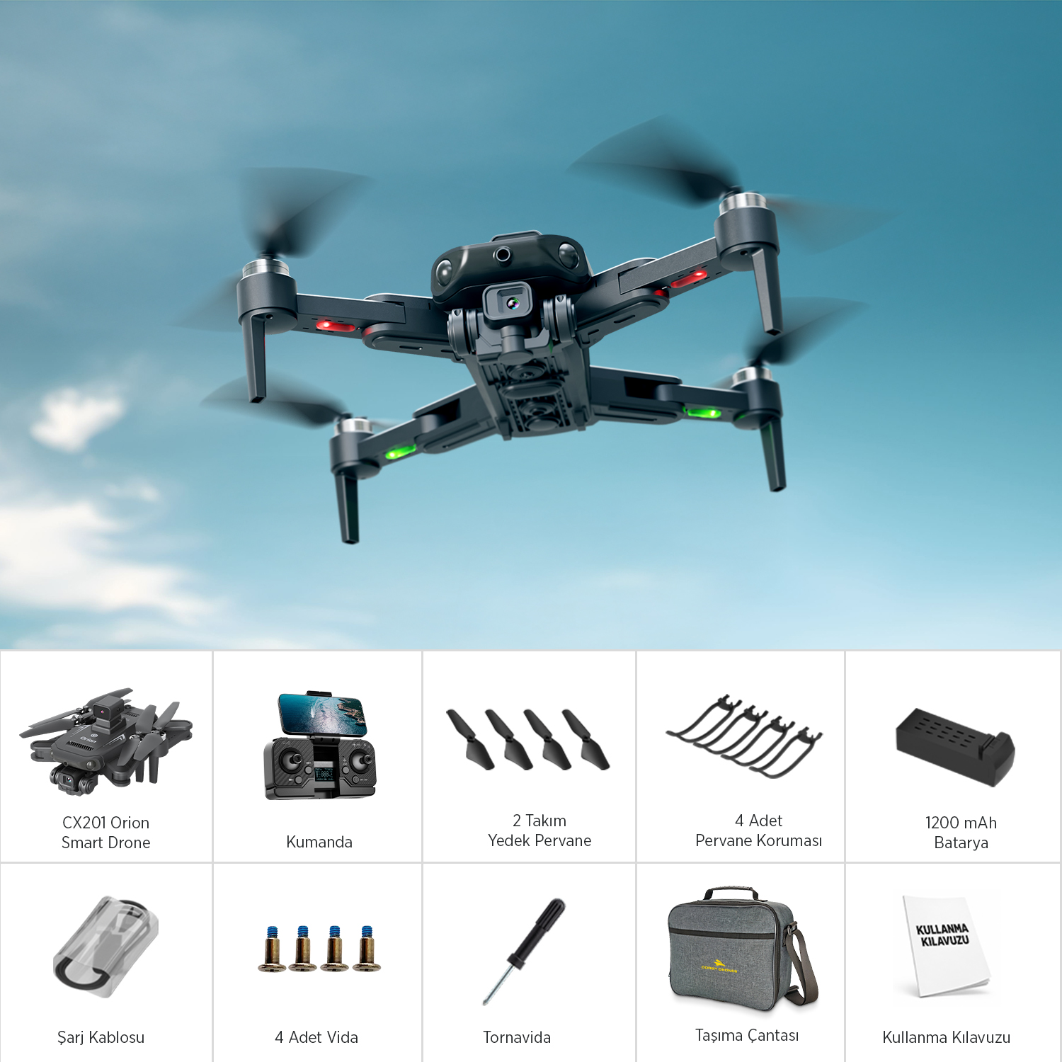 Uçan siyah bir drone ve altında ızgara içinde aksesuarları.