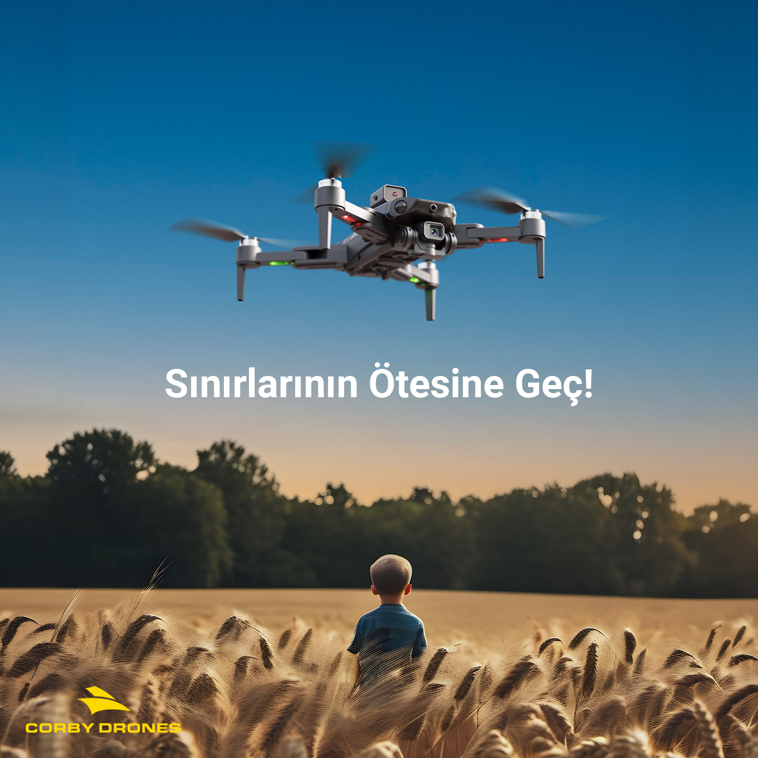 Mavi gökyüzü altında, buğday tarlasındaki bir çocuğun üzerinde uçan drone ve Corby Drones logosu.