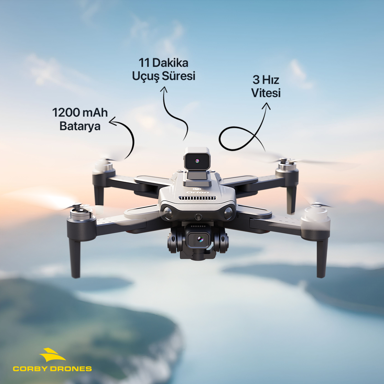 Batarya, uçuş süresi ve hız bilgileriyle göl üzerinde uçan gri drone.