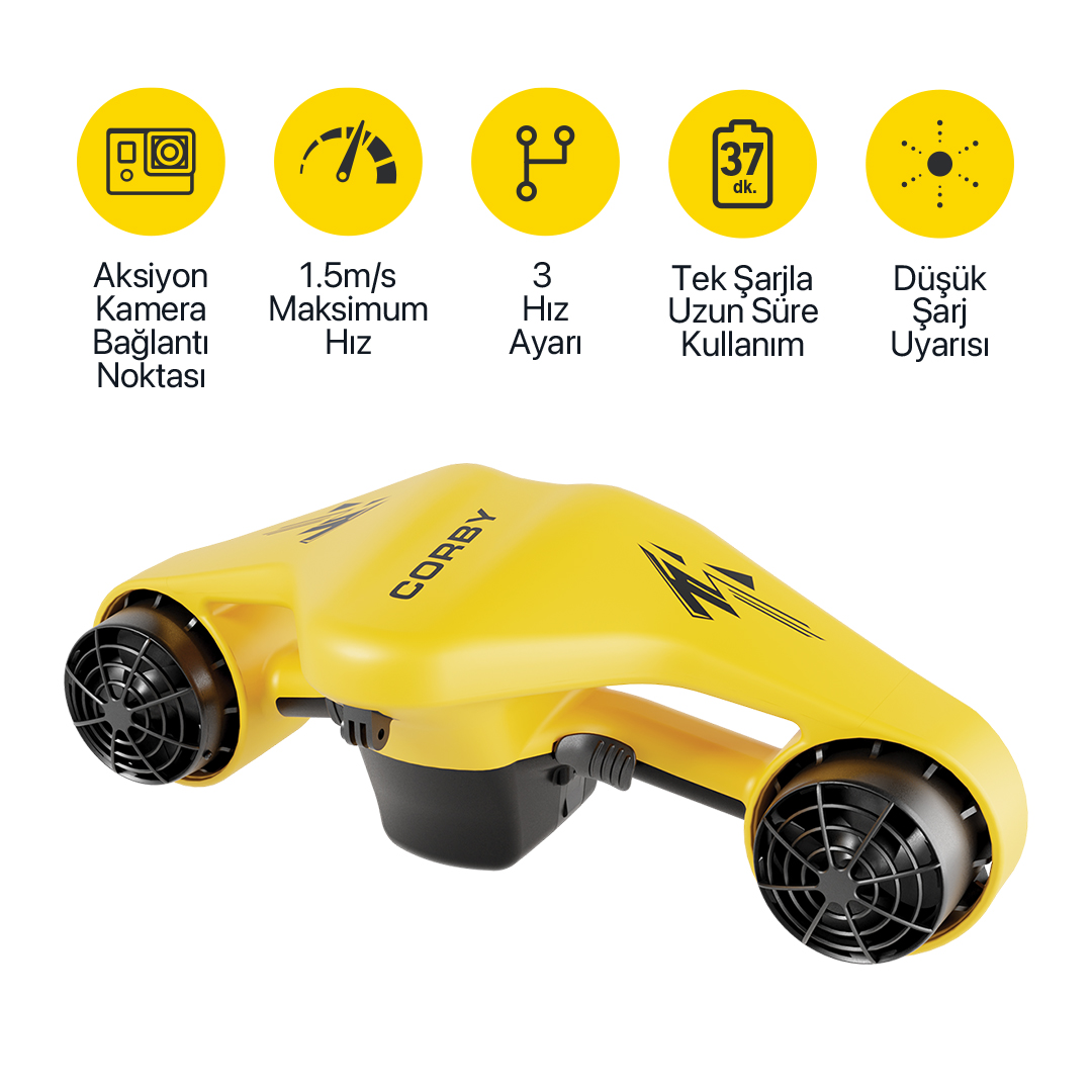 Siyah pervaneli sarı Corby su altı scooter ve üstünde beş özellik simgesi.