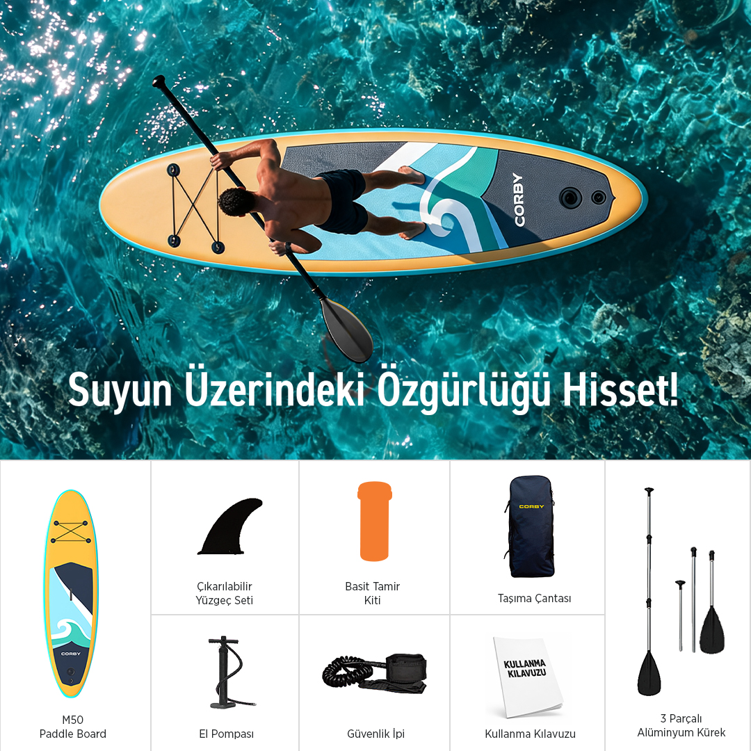 Berrak mavi su üzerinde kürek sörfçüsü ve aşağıda aksesuar simgeleri.