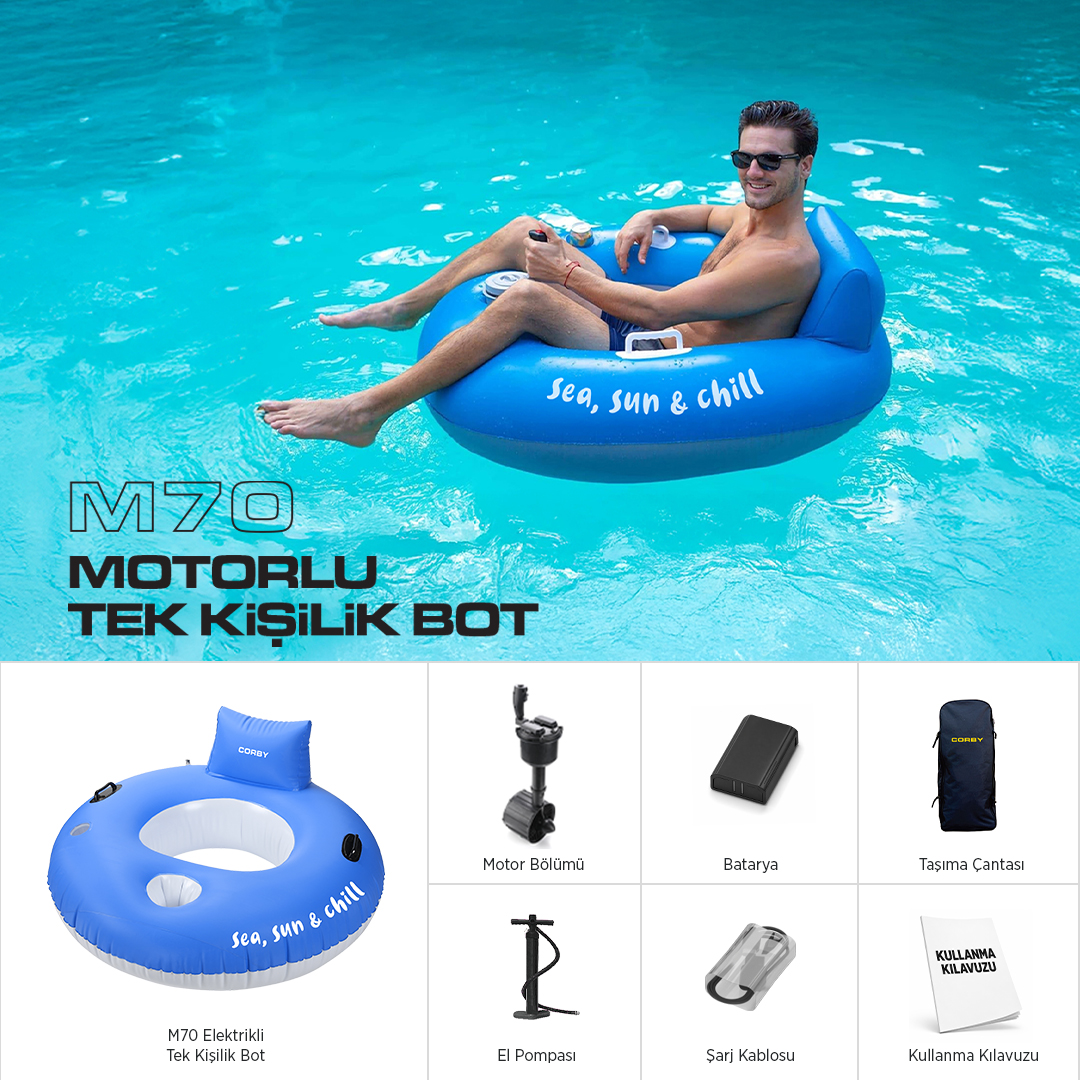 Havuzda mavi motorlu botta oturan bir adam ve altında aksesuar görselleri.