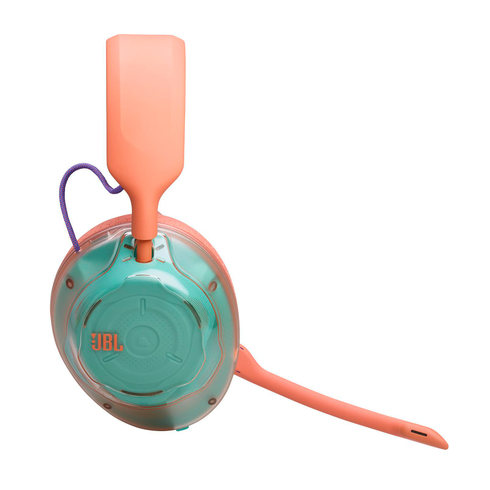 Korallenrosa und türkisfarbenes JBL-Gaming-Headset mit Mikrofon auf weißem Hintergrund.