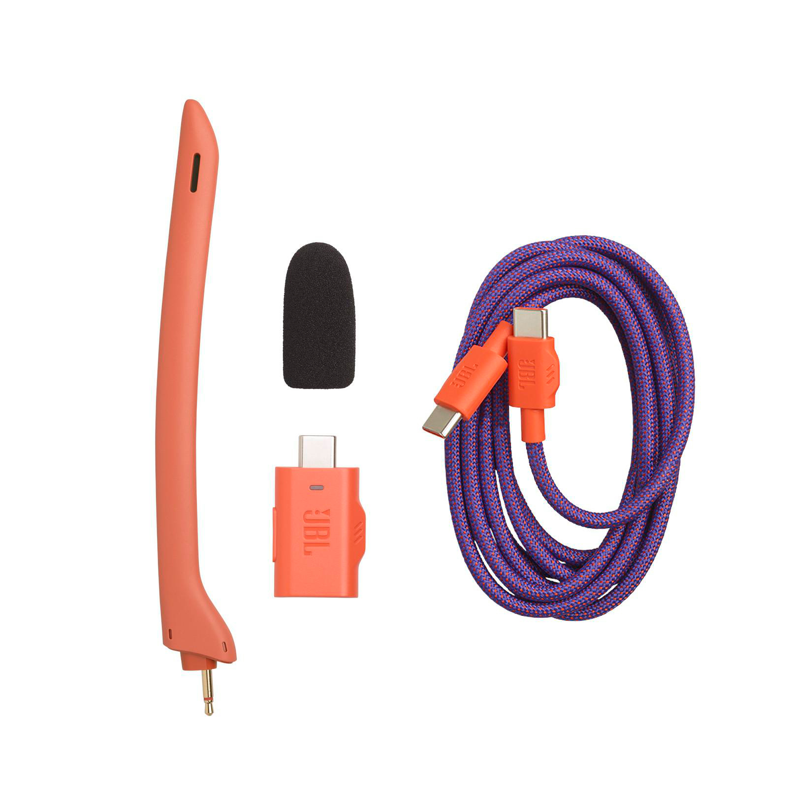 JBL Zubehörset mit orangefarbenem Bügelmikrofon, schwarzem Windschutz, Adapter und blau-orangefarbenem Kabel auf weißem Hintergrund.