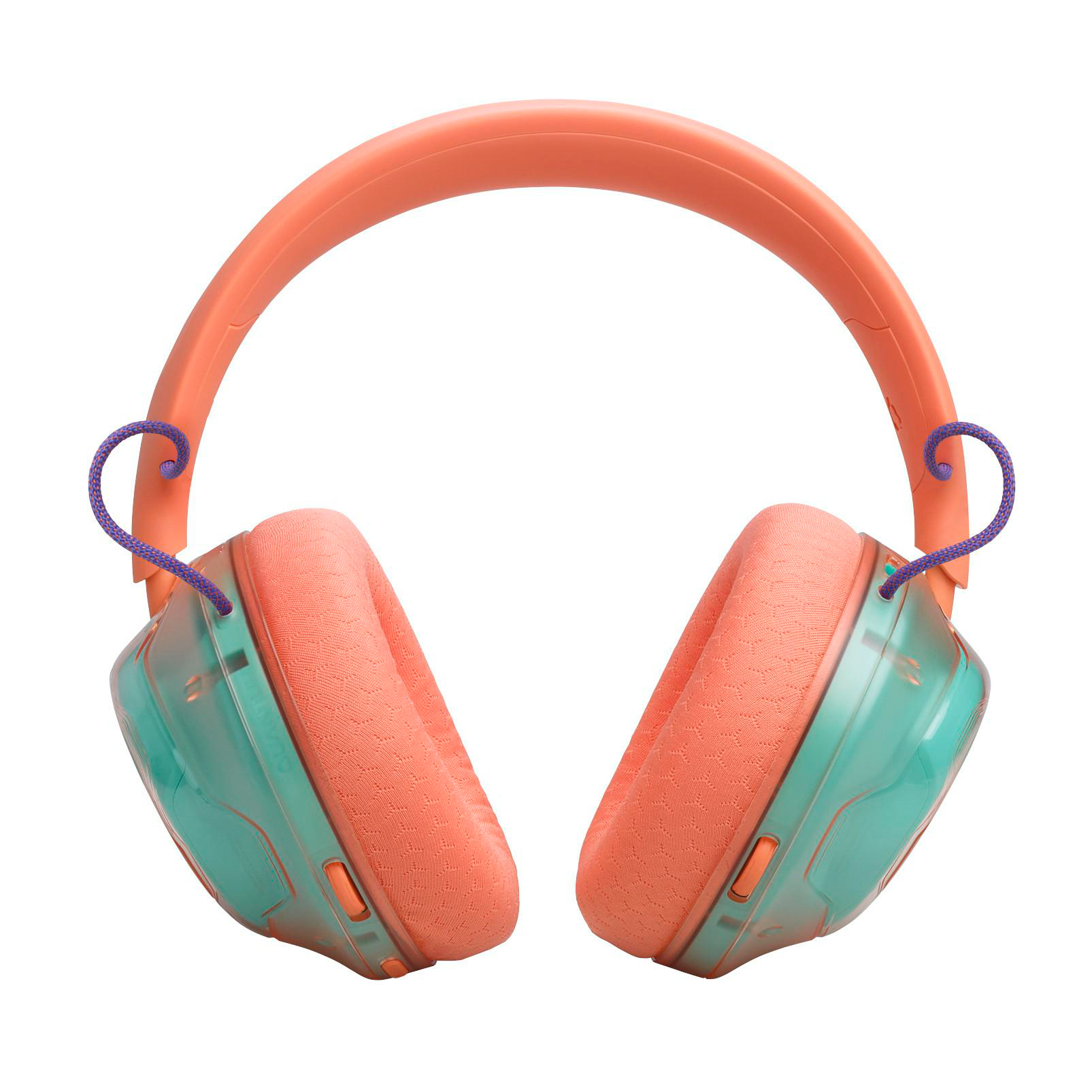 Pfirsichfarbene On-Ear-Kopfhörer mit türkisen, transparenten Ohrmuscheln und kleinen blauen Kabeln an den Seiten.