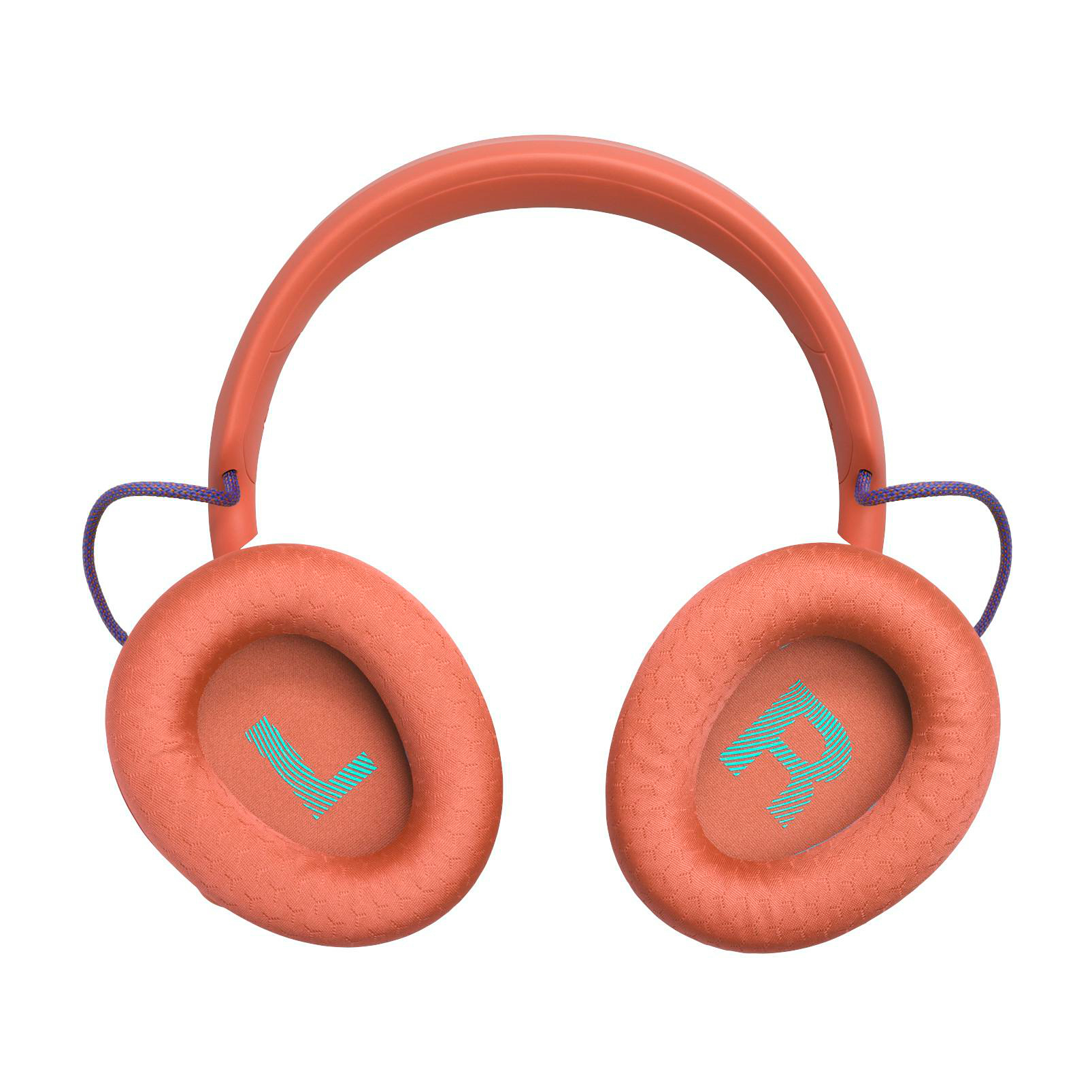 Roter Over-Ear-Kopfhörer mit blauen Akzenten und L/R-Markierung.