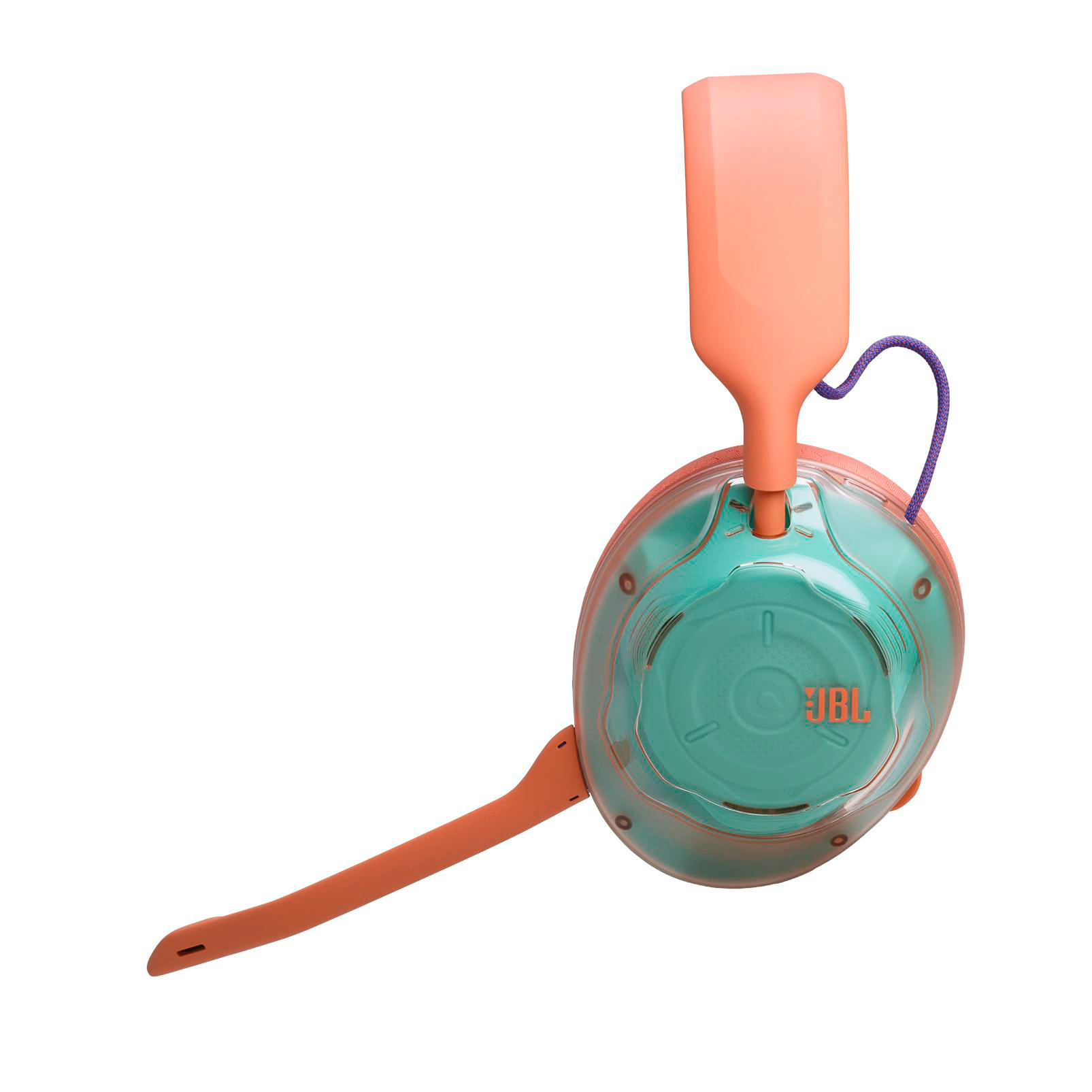 Pfirsichfarbene und türkise JBL Over-Ear-Gaming-Headset mit Boom-Mikrofon vor weißem Hintergrund.
