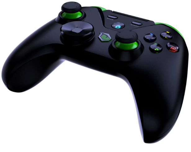 Yeşil detaylara ve joystick'lere sahip siyah oyun kumandası.