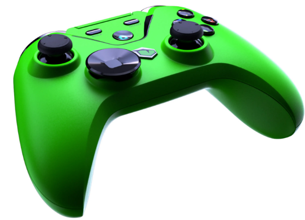 Beyaz arka plan üzerinde siyah joystick'lere ve düğmelere sahip parlak yeşil oyun kumandası.