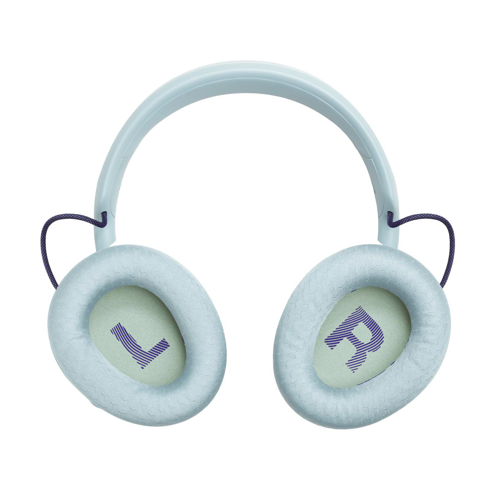 Hellblaue Over-Ear-Kopfhörer mit L- und R-Buchstaben in den Ohrmuscheln vor weißem Hintergrund.