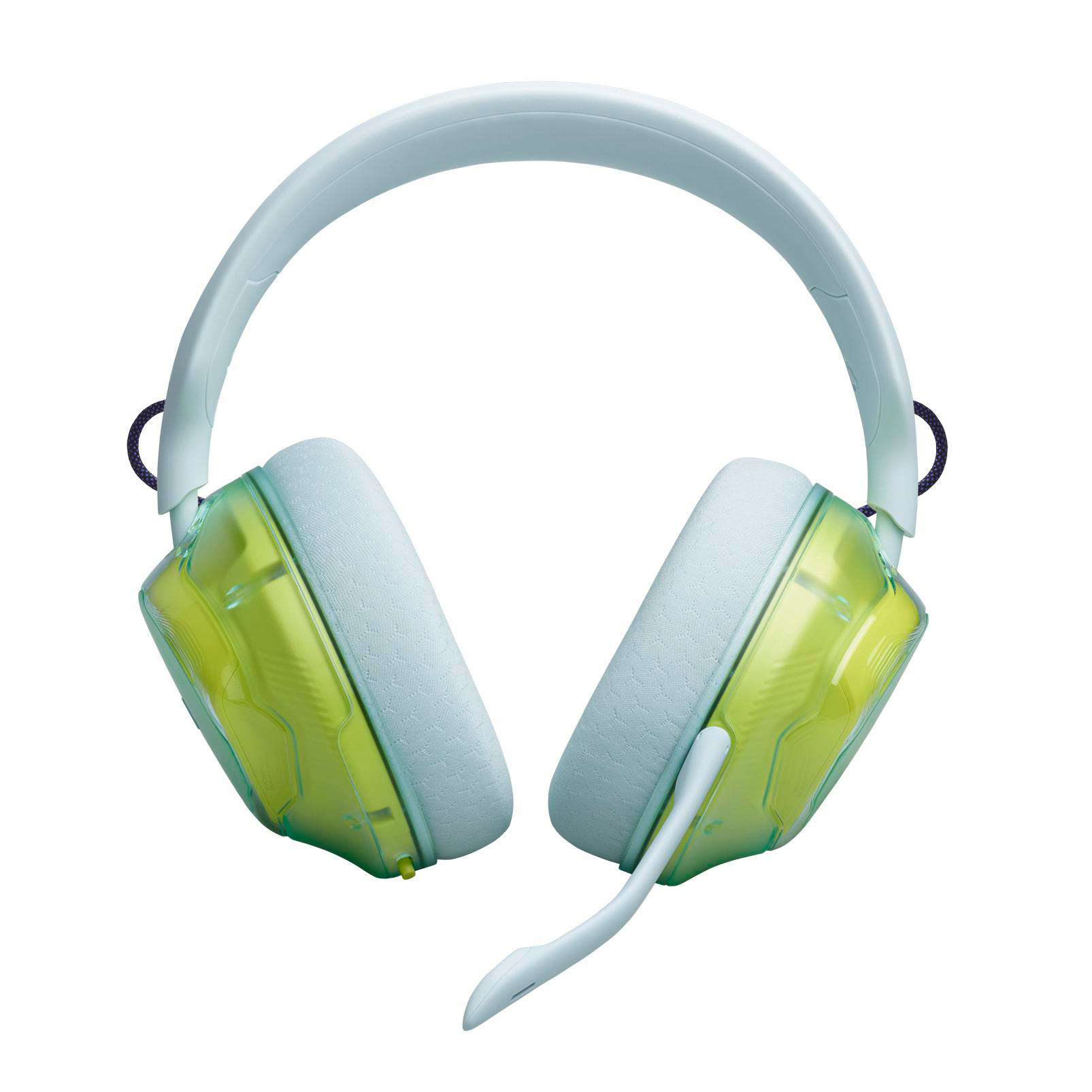 Hellgrüne und weiße Over-Ear-Gaming-Headset mit Mikrofon auf weißem Hintergrund.