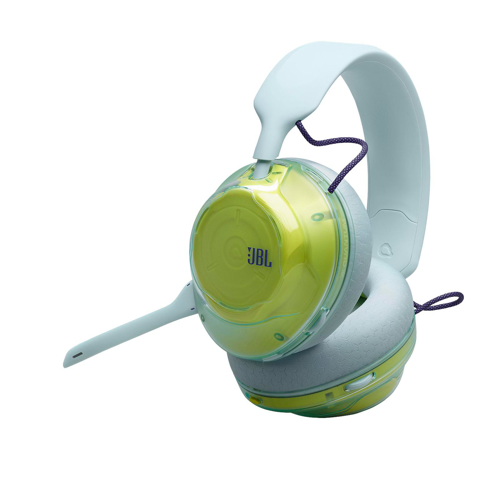 Hellblaue JBL-Gaming-Headsets mit gelben Ohrmuscheln und integriertem Mikrofon auf weißem Hintergrund.