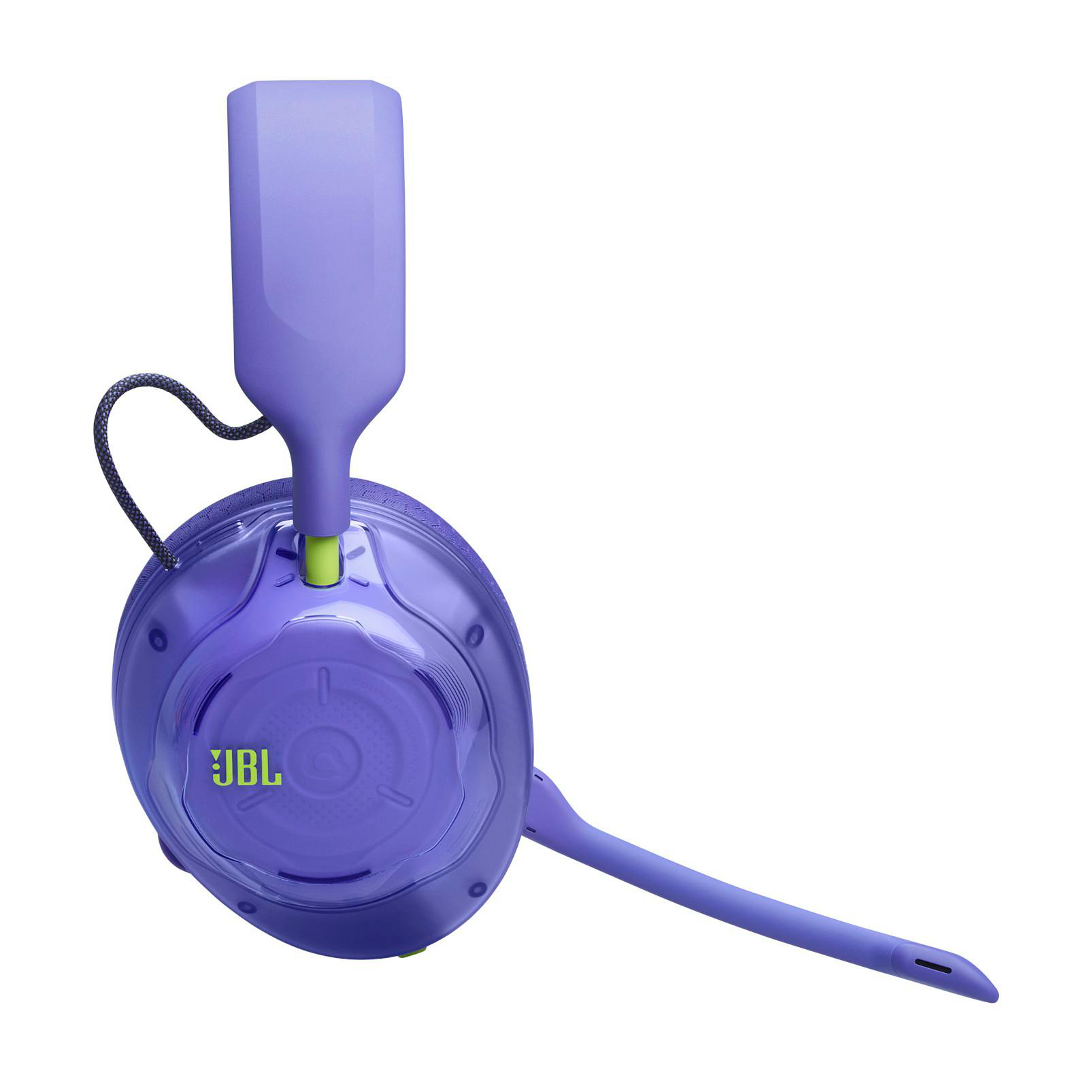Lila JBL Gaming-Headset mit Mikrofon auf weißem Hintergrund.
