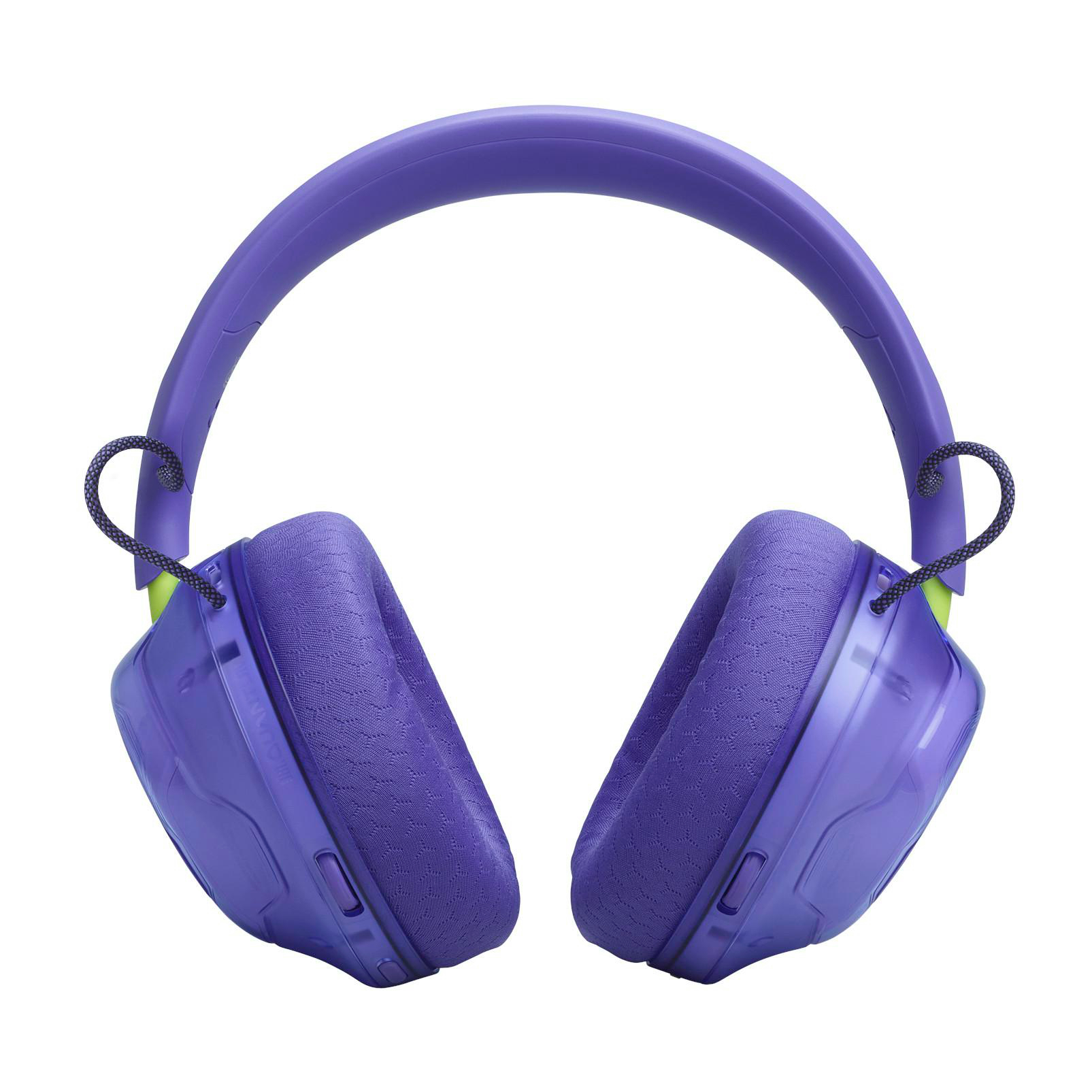 Lila Over-Ear-Gaming-Kopfhörer mit durchsichtigen Ohrmuscheln, gepolsterten Polstern und Kabeln auf weißem Hintergrund.