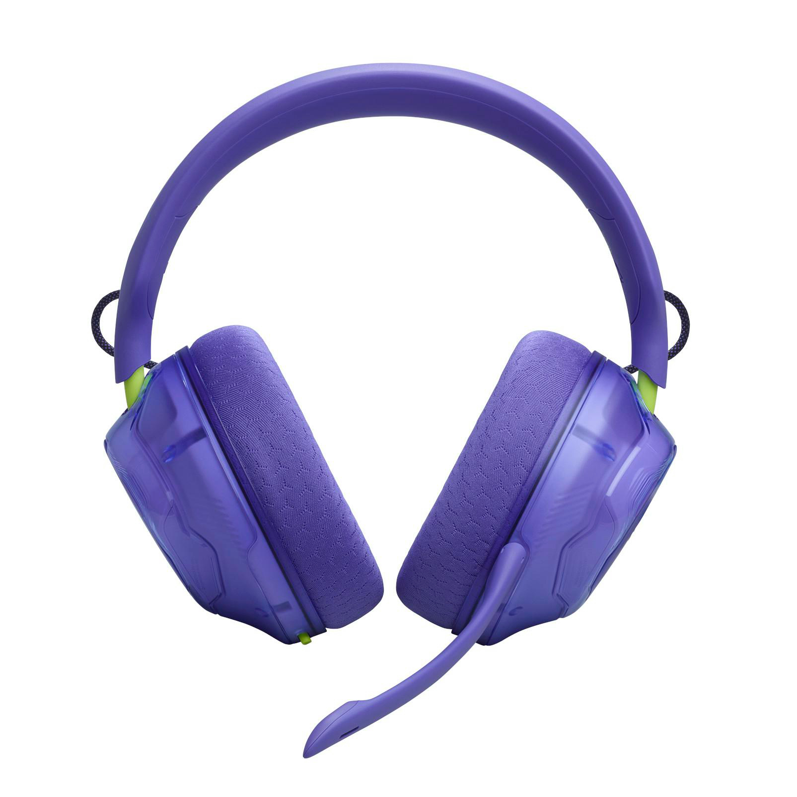 Lila kabelloses Gaming-Headset mit gepolsterten Ohrmuscheln und einziehbarem Mikrofon vor weißem Hintergrund.