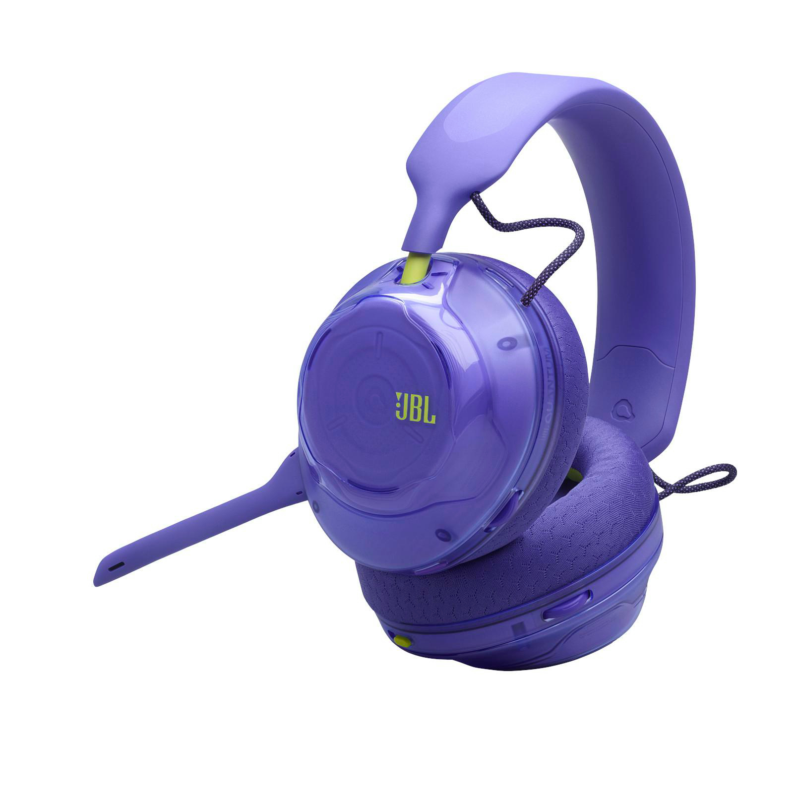 Lila JBL Gaming-Headset mit transparenter Ohrmuschel, Mikrofon und weißem Hintergrund.