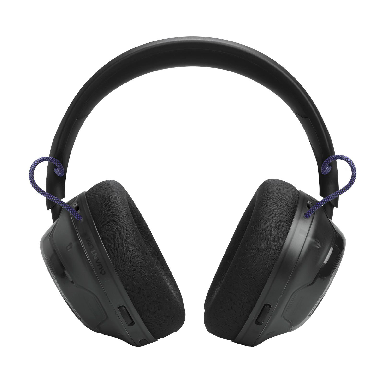 Schwarze Over-Ear-Kopfhörer mit gepolsterten Ohrmuscheln und violetten Stoffkabeln auf weißem Hintergrund.