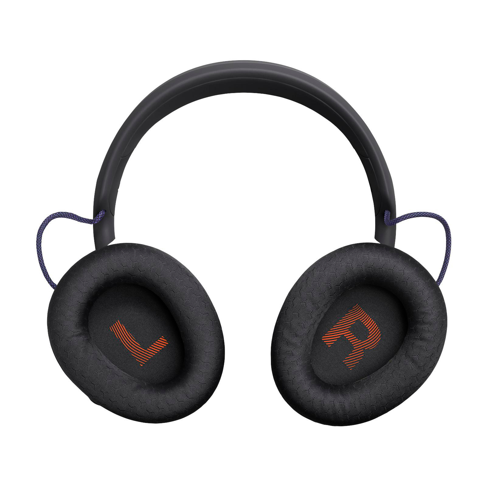 Schwarze Over-Ear-Kopfhörer mit orangefarbenen L- und R-Markierungen auf den Ohrmuscheln vor weißem Hintergrund.