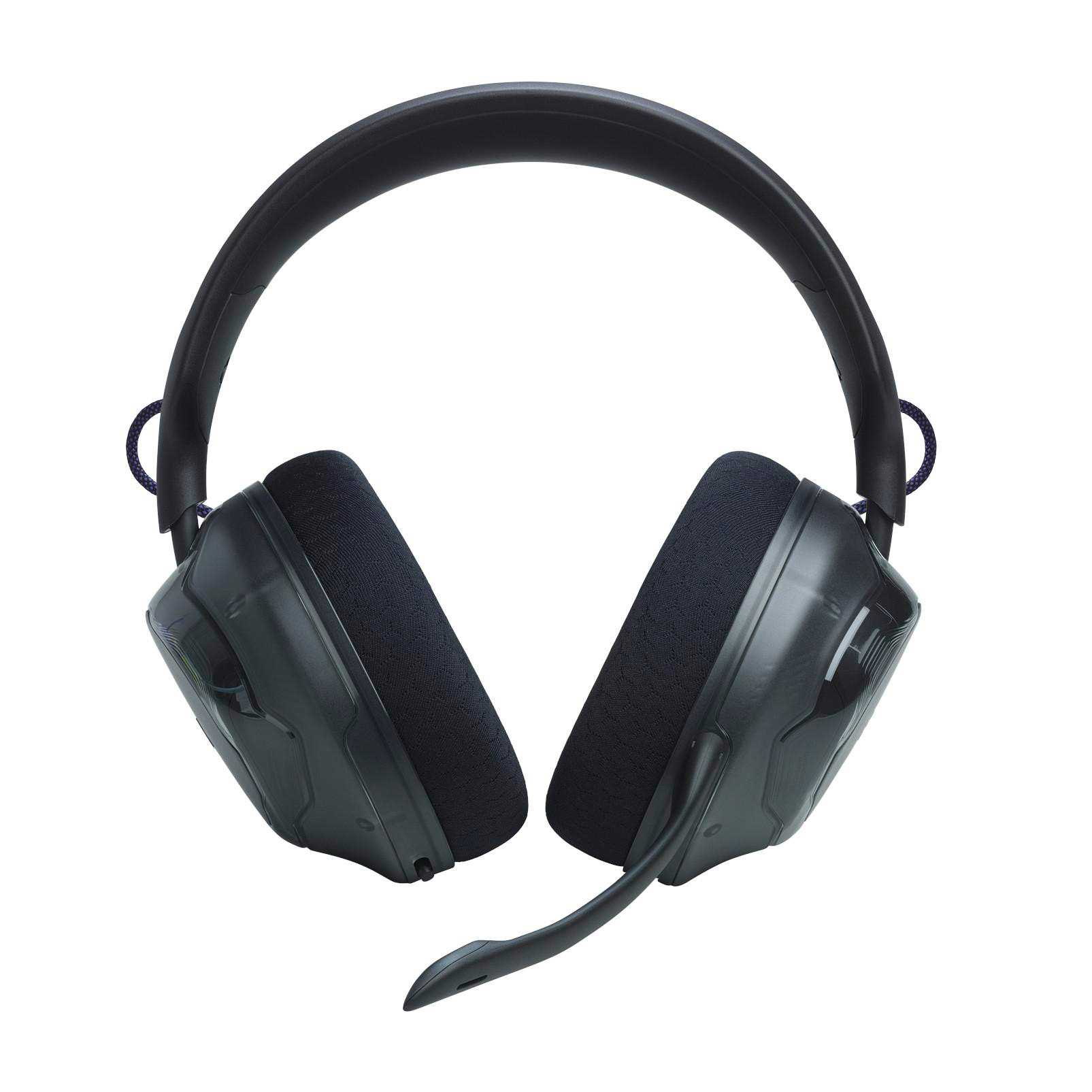 Schwarze Over-Ear-Gaming-Kopfhörer mit integriertem Mikrofon, das aus der rechten Ohrmuschel ausziehbar ist, auf weiß.