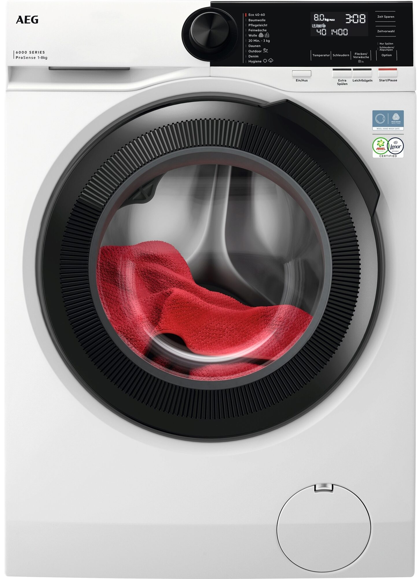 Eine weiße AEG Waschmaschine mit schwarzer Tür und roter Wäsche in der Trommel.