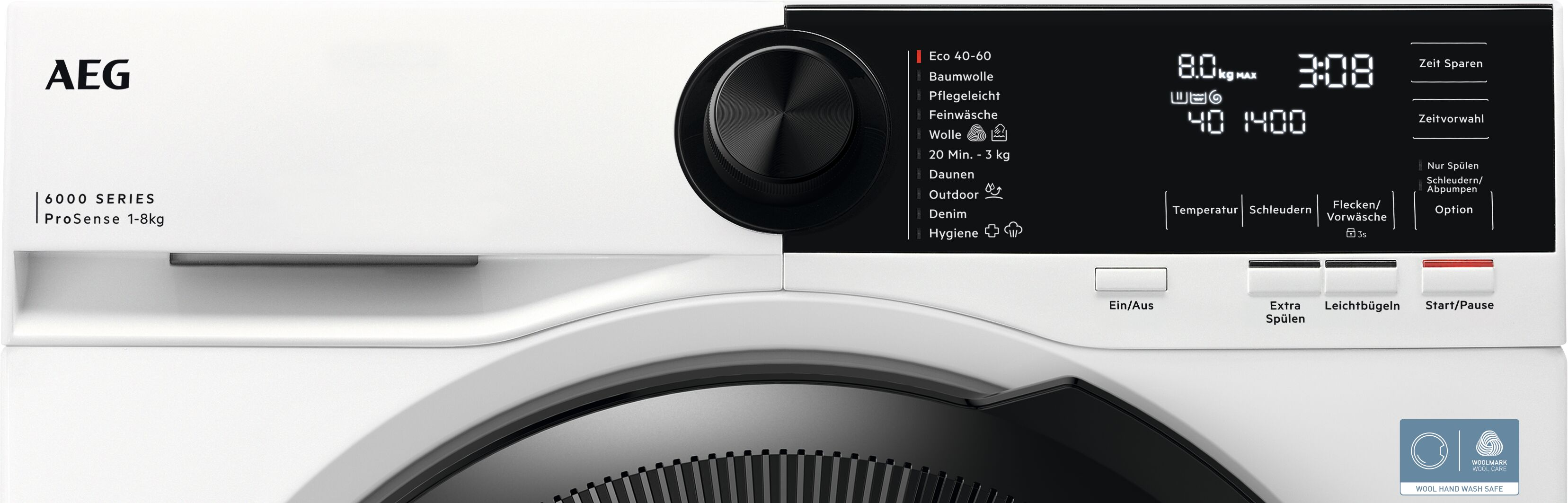Bedienfeld einer weißen AEG Waschmaschine mit Drehknopf, Digitaldisplay und Programmliste.